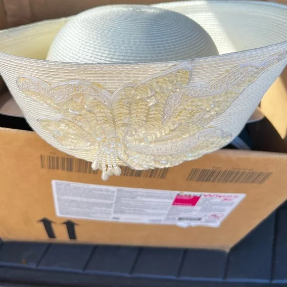 Vintage Ivory Beaded Floral Church Hat | Elegant Derby Sunday Brim,EUC,Size M - Picture 5 of 10